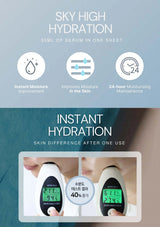 Product packaging for 'Sky High Hydration' with text and images of skin analysis devices.
