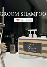 Grooming products including a bottle and box labeled 'Groom' on a reflective surface.