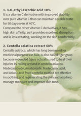 Text about 3-O-ethyl ascorbic acid and Centella asiatica extract with green leaves in the background.