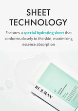 Rejuran skincare mask with text about sheet technology on a white background