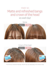 Before and after comparison of hair product application on bangs and crown of the head.