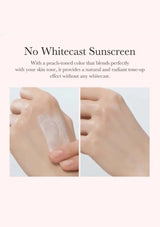 Sunscreen application on skin with text highlighting its natural tone-up effect.