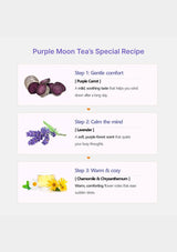 Purple Moon Tea's Special Recipe with step-by-step instructions and tea ingredients on a light gray background.