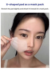 Person using a U-shaped pad as a mask pack with text instructions on a gray background