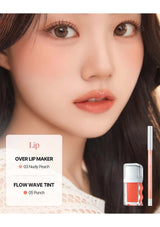 Close-up of a woman's face with makeup products displayed on a white background