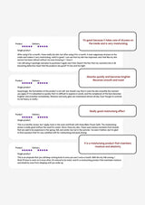 Product reviews with text and ratings on a white background