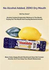 Blanc Dubu Happy Breath Mouthwash package with a lemon and leaf on a beige background