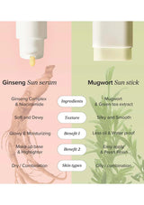 Comparison chart of Ginseng Sun serum and Mugwort Sun stick with text and images.