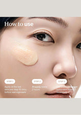 Instructions on how to use a cosmetic product with close-up of a person's face.