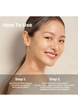 Woman with a neutral expression on a beige background, with text on how to use a skincare product.