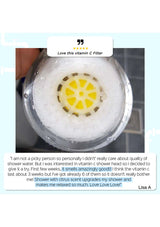 Vitamin C shower filter with user review text on a light blue border