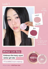 Woman applying makeup with Balmy TaroMilkCream on a pink background