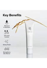 Skincare cream tube with key benefits listed on a light gray background