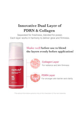 Medicube skincare serum with text about PDRN and Collagen layers on a white background