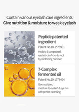 Advertisement for eyelash care ingredients with text and images of bubbles and oil.