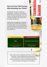 Advertisement for Blanc Dubu Lemon Toothpaste explaining the difference between chemical and natural surfactants.