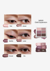 Makeup swatches with eye shadow application on a white background
