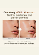 Before and after effect of a skincare product with licorice extract on skin texture.
