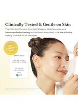 Woman applying a face mask with text about clinical testing and skin compatibility.