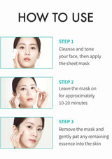 Instructions on how to use a sheet mask with step-by-step guidance.