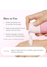 Hand holding a pink bottle with white cream, showing how to use it on skin.