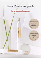Cosmetic product with 'Blanc Power Ampoule' text and features on a white background