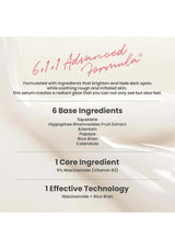 Product packaging with text about '6+1+1 Advanced Formula' serum, including ingredients and benefits.