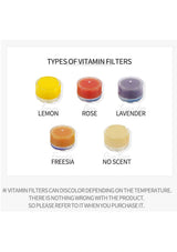 Types of vitamin filters with lemon, rose, lavender, freesia, and no scent options on a white background.