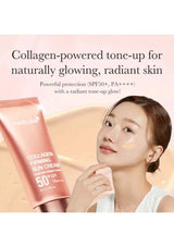 Collagen-powered sun cream with a model applying it on her face, on a light pink background.