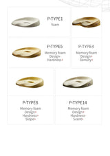 Various memory foam seat designs with labels on a white background