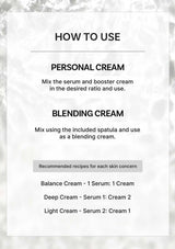 Instructions for using personal and blending cream with a marble background