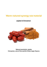 Jujube berries, cinnamon sticks, and ground cinnamon on a white background with text about warm-natured synergy raw material.