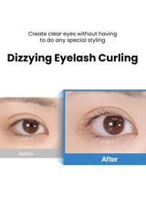 Before and after comparison of eyelash curling with text 'Dizzying Eyelash Curling' on a white background.