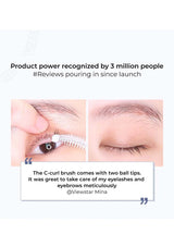 Product advertisement for a C-curl brush with user review text on a white background