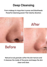 Before and after comparison of deep cleansing with natural scrub granules on skin.