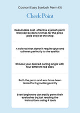 Cosnori Easy Eyelash Perm Kit check point information on a light blue background