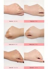 Before and after comparison of red, yellow, and dark skin tones on hands.