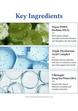 Key ingredients of a skincare product with images and descriptions.