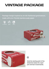 Red package labeled 'lip potion' with eco-friendly bamboo pulp paper on a gray background.