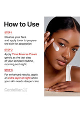 Skincare routine guide with a woman applying cream to her face, featuring Centellian21 brand.