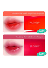 Two lip color swatches labeled 'Sunlight' and 'Twilight' with close-up images of lips wearing the colors.