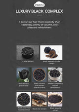Advertisement for a luxury black hair complex with various extracts on a dark background.