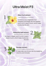 Product description card with ingredients and their benefits on a purple floral background