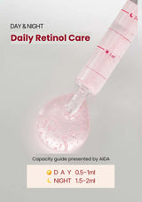 Capillary tube with pink liquid and measurement details on a gray background, promoting daily retinol care.