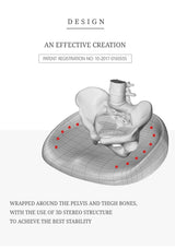 3D model of a medical device wrapped around a pelvis and thigh bones with text about design and patent registration.