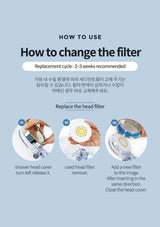 Instructions on how to change a filter with step-by-step illustrations and text on a light blue background.
