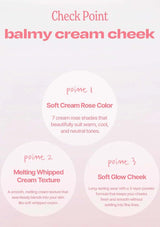 Product description card for balmy cream cheek with text on a light pink background