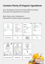 Product packaging with organic ingredient certifications and a lemon on a white background