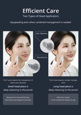 Product advertisement for a skincare tool with two head applicators on a dark background.