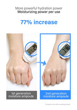 Comparison of two moisture ampoules with digital readings on a white background, highlighting 77% increase in moisturizing power.